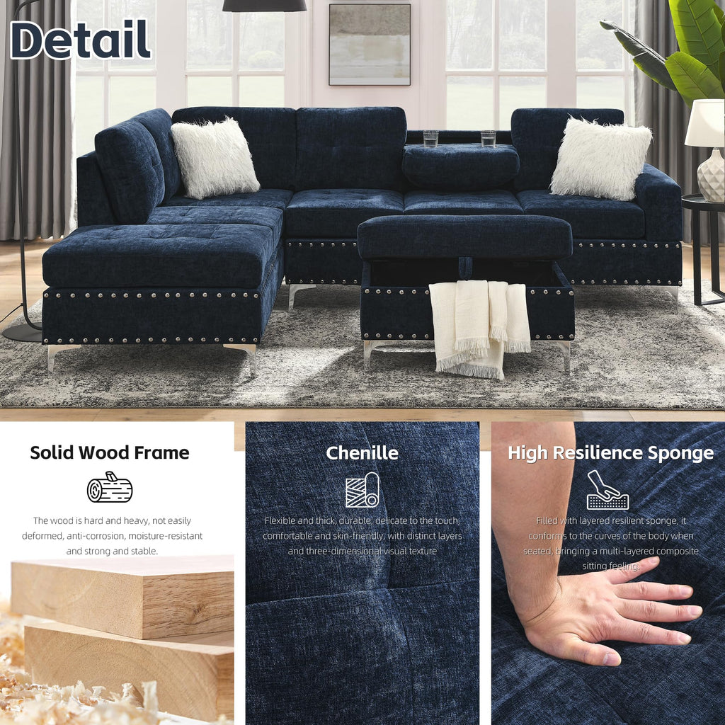 108'' Chenille Navy Blue L-Shaped Sectional Sofa with Storage Ottoman Z80271