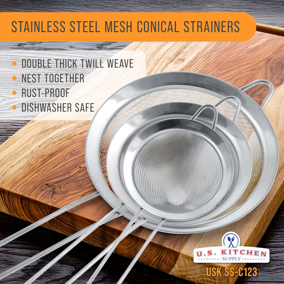 Set of 3 Stainless Steel Conical Strainers O1278