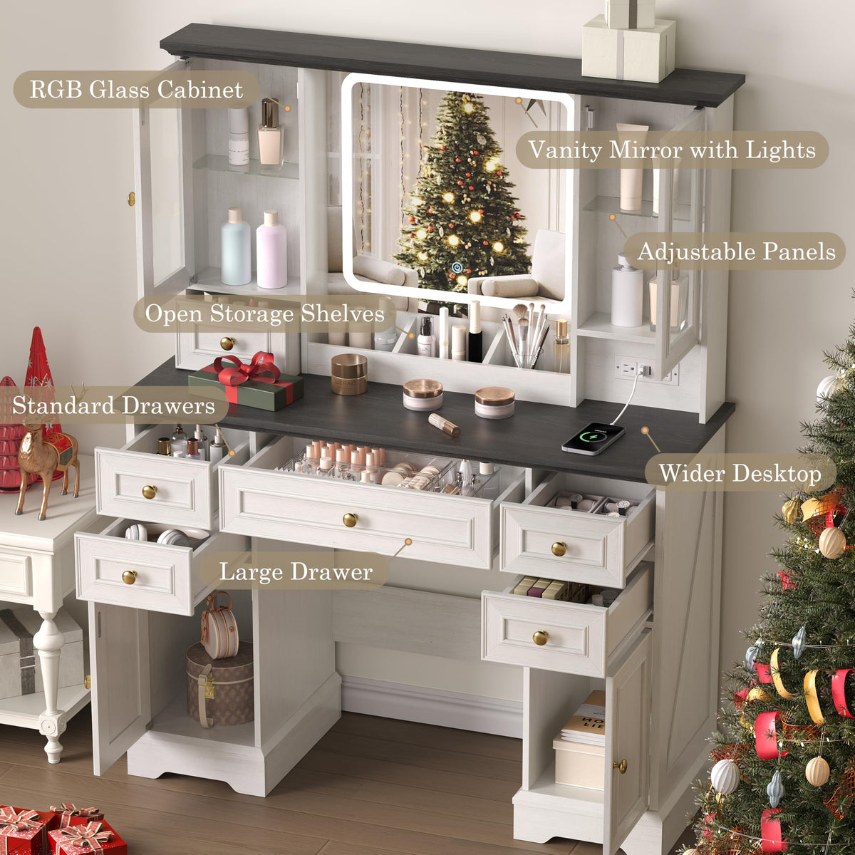 White Makeup Vanity Desk with Mirror and LED Lights R656