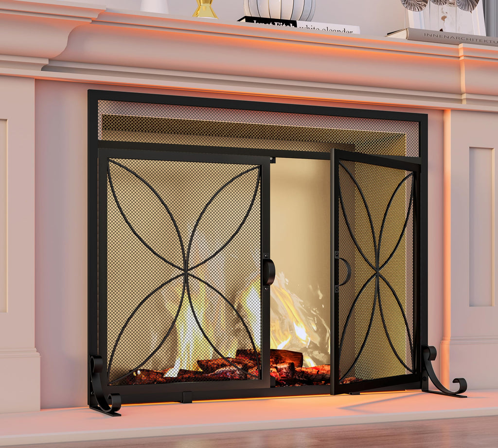 Magnetic Double Door Black Wrought Iron Fireplace Screen H9276