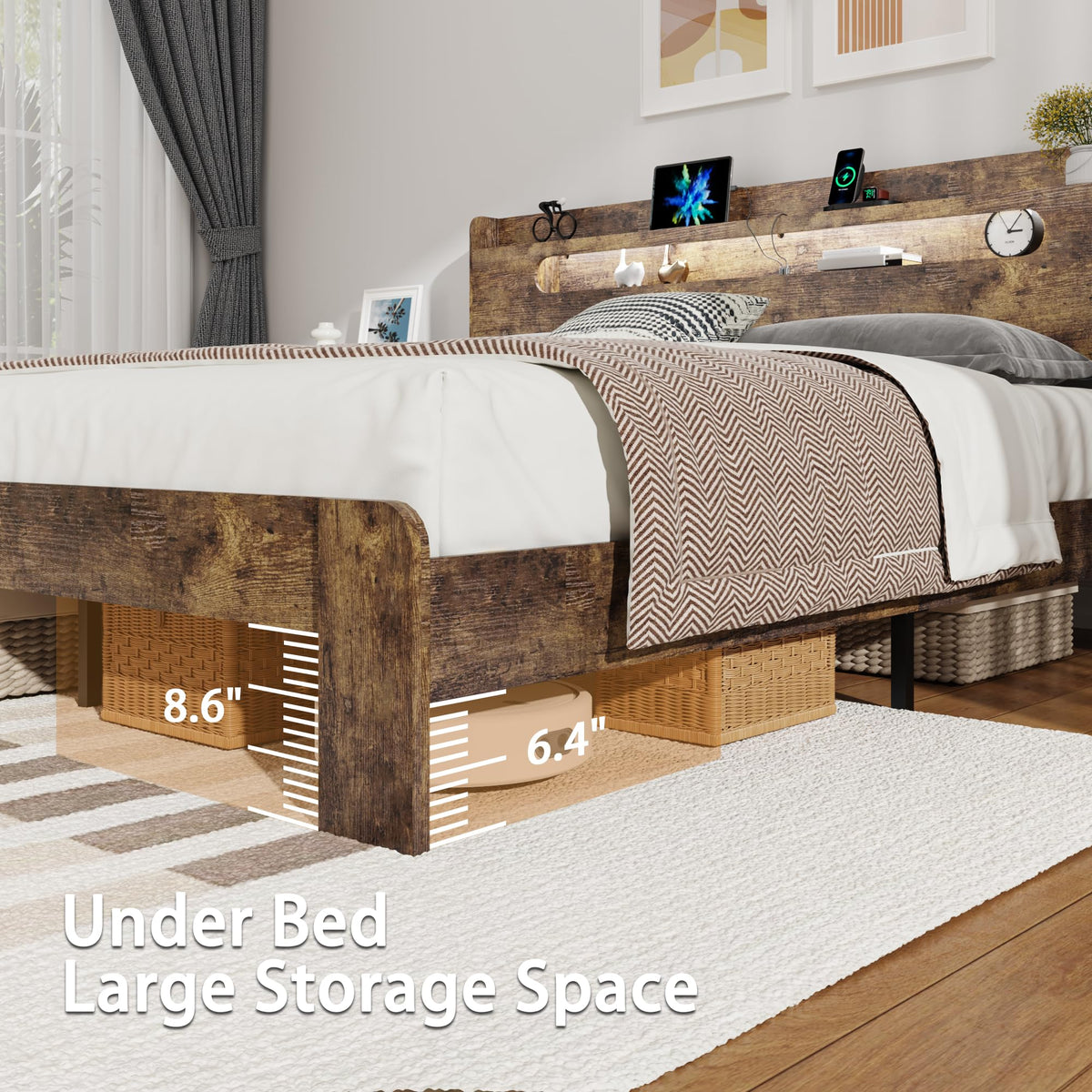 Queen Size Wood Bed Frame with Storage Headboard S994558