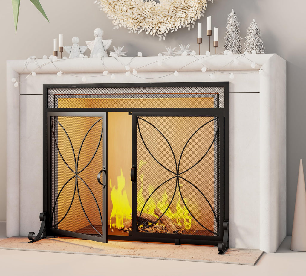 Magnetic Double Door Black Wrought Iron Fireplace Screen H9276