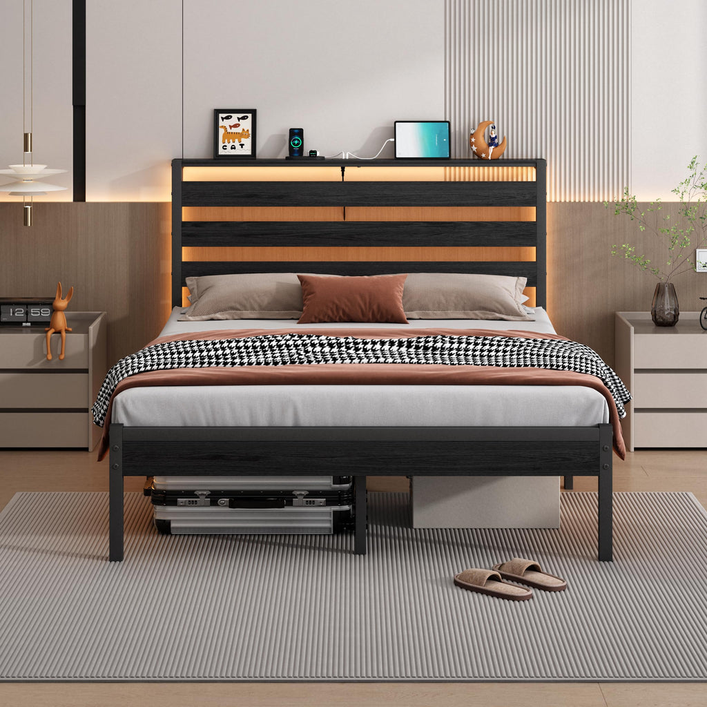 14 Inch Metal Platform Bed Frame with Headboard and USB Charging Station M167578