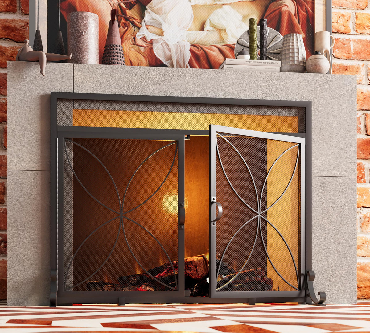 Magnetic Double Door Black Wrought Iron Fireplace Screen H9276