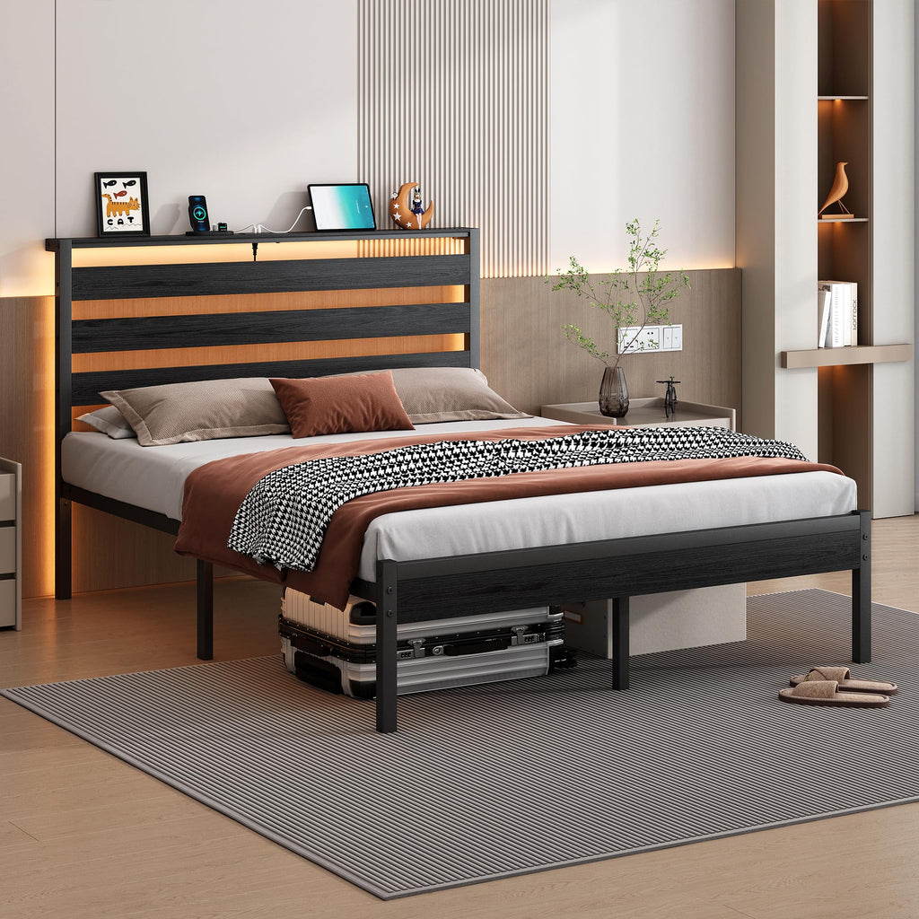 14 Inch Metal Platform Bed Frame with Headboard and USB Charging Station M167578