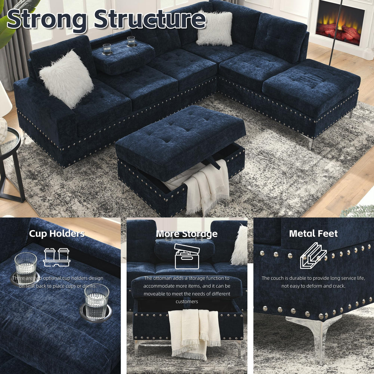 108'' Chenille Navy Blue L-Shaped Sectional Sofa with Storage Ottoman Z80271