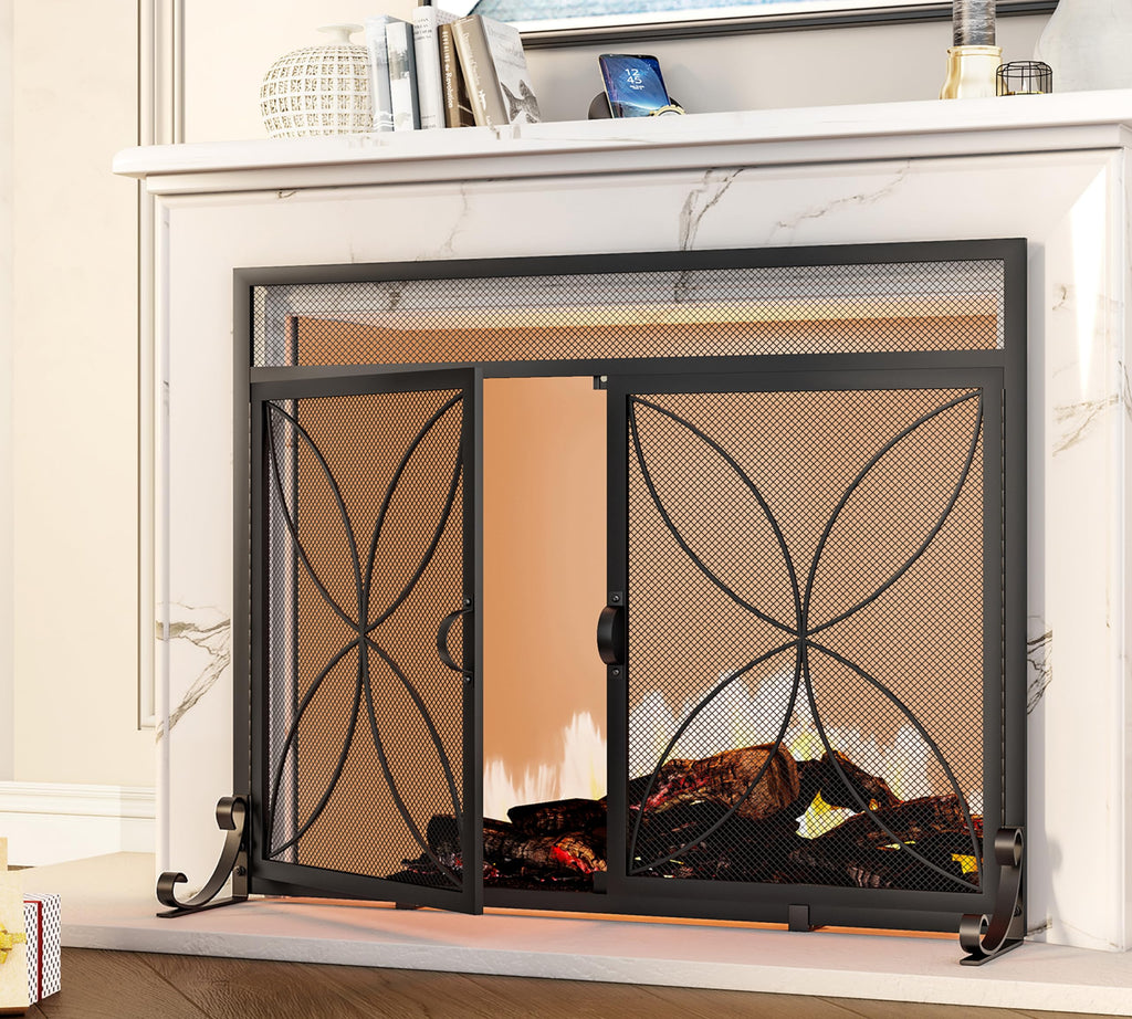 Magnetic Double Door Black Wrought Iron Fireplace Screen H9276